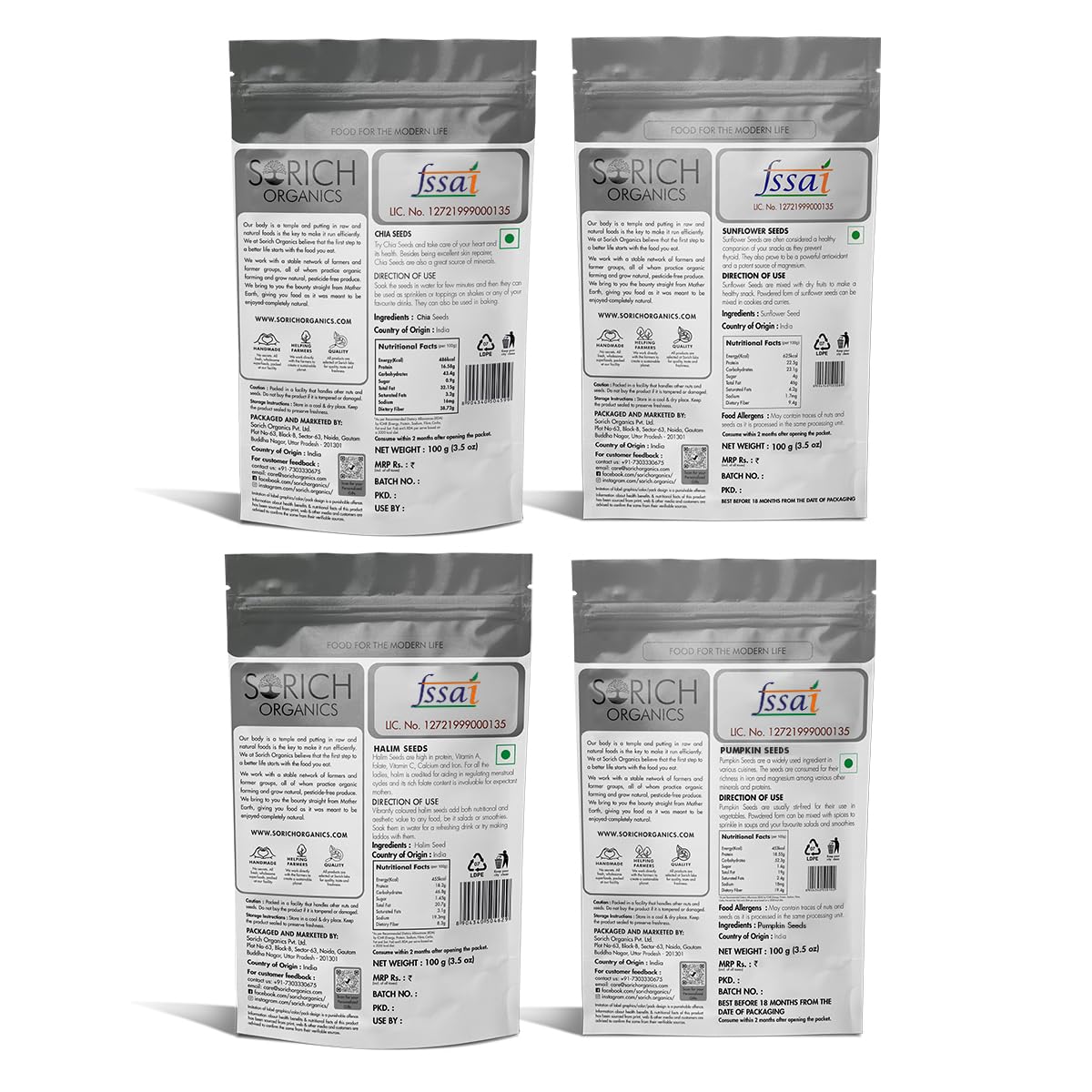 Sorich Organics Seeds Combo – Chia, Pumpkin, Sunflower & Halim (100g Each | 400g Total) | Super Seeds for Eating | High in Protein, Fiber & Omega-3 | Hair Growth, Weight Loss & Immunity Support | Raw & Plant-Based Healthy Snacks