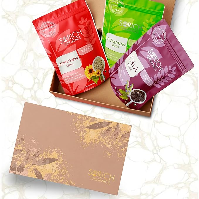 Sorich Organics Chia, Pumpkin and Sunflower Seeds Combo Gift Box 400gm Each | Seeds for Eating | Seeds | Healthy Snacks | Diet Food | Immunity Booster (1200gm, Pack of 3)