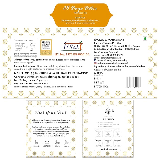 Tea Treasure 28 Days Detox Wellness Tea | Herbal Tea with Garcinia, Oolong & Gojiberry | Supports Weight Loss, Digestion & Skin Glow | Caffeine-Free Chai | 10 Pyramid Tea Bags | Ayurvedic Detox Cleanse