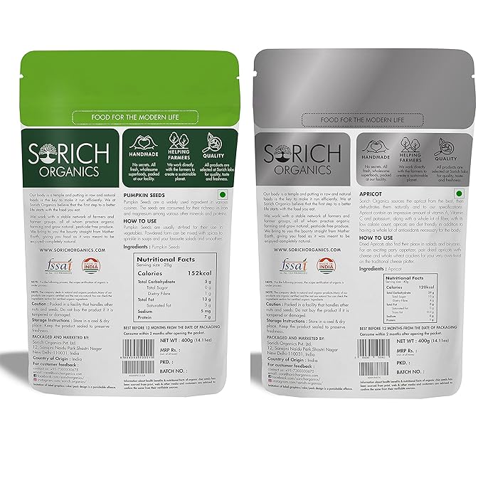 Sorich Organics Pumpkin Seeds 400g + Turkish Apricots 400g | Superfood Combo Pack (800g) | Raw Seeds & Dried Fruits for Healthy Snacking | Vegan, Gluten-Free, Plant-Based Snack Mix | High in Fiber & Antioxidants