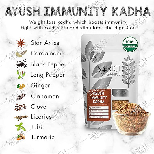 Sorich Organics Ayush Immunity Booster Kadha 200gm | Ayurvedic Kwath Powder | Natural Remedy for Cold & Flu | High in Antioxidants | Herbal Tea for Immunity & Digestion Support