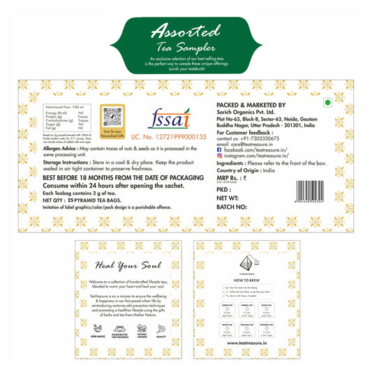 25 TB Sampler - Lemon Tulsi + Kashmiri Kahwa + Slim Life + Immunity Booster + Sweet Dreams + Spearmint Green + Spearmint Herbal + 28 Day Detox + Apple spice + Berry Blast + Hibiscus green + Supermint Tea (Each 2 teas) + Jasmine Green Tea - Sorich