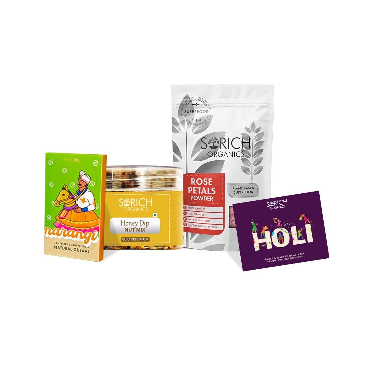 Holi Special Combos - Rose powder 50g + Honey Dipped Nuts 250g + Phool Gulal 100g + Holi card - Sorich