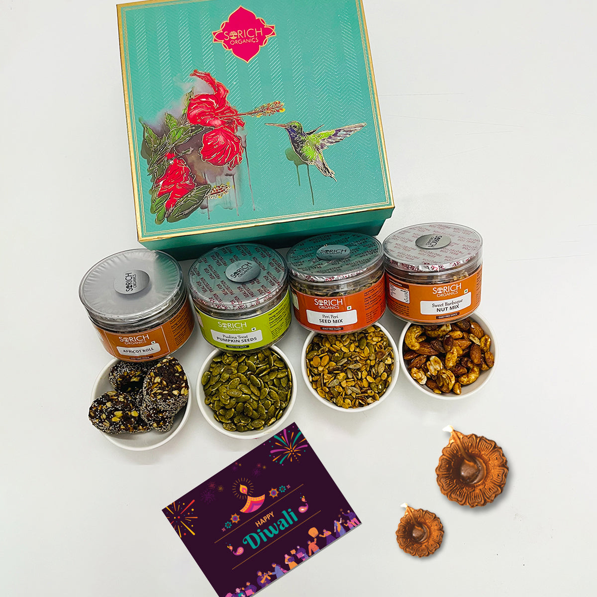 Diwali Special Festive Intense Pack for Family and Friends | Sweet BBQ Nut Mix 150g, Peri Peri Seeds Mix 150g, Pudina Pumpkin Seeds 150g, Apricot Roll 150g - Sorich