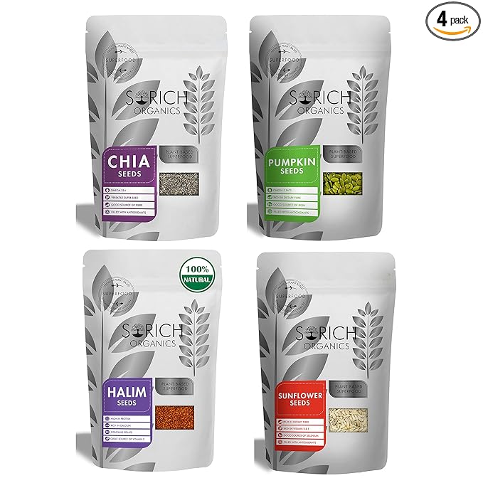 Sorich Organics Seeds Combo – Chia, Pumpkin, Sunflower & flax (100g Each | 400g Total) | Super Seeds for Eating | High in Protein, Fiber & Omega-3 | Hair Growth, Weight Loss & Immunity Support | Raw & Plant-Based Healthy Snacks