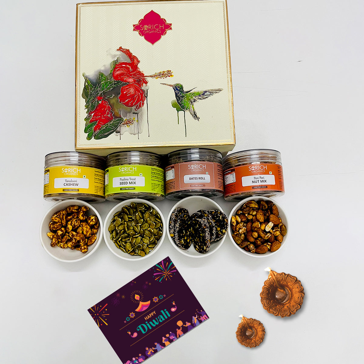 Diwali Special Imperial Gift hamper for Family and Friends | Tandoori Cashew 150g, Pudina Seeds Mix 150g,  Dates Roll 150g, Peri Peri Nut Mix 150g