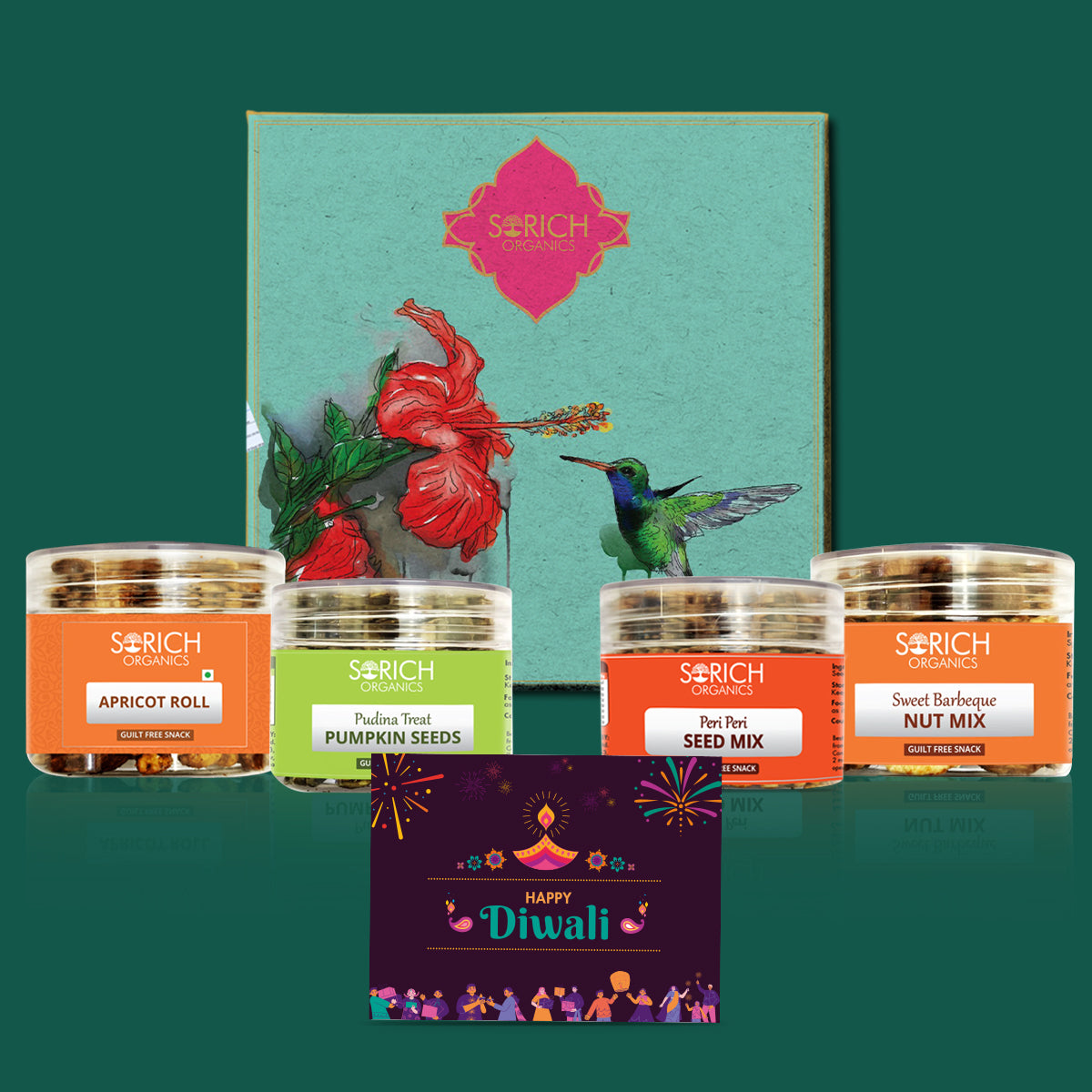 Diwali Special Festive Intense Pack for Family and Friends | Sweet BBQ Nut Mix 150g, Peri Peri Seeds Mix 150g, Pudina Pumpkin Seeds 150g, Apricot Roll 150g - Sorich