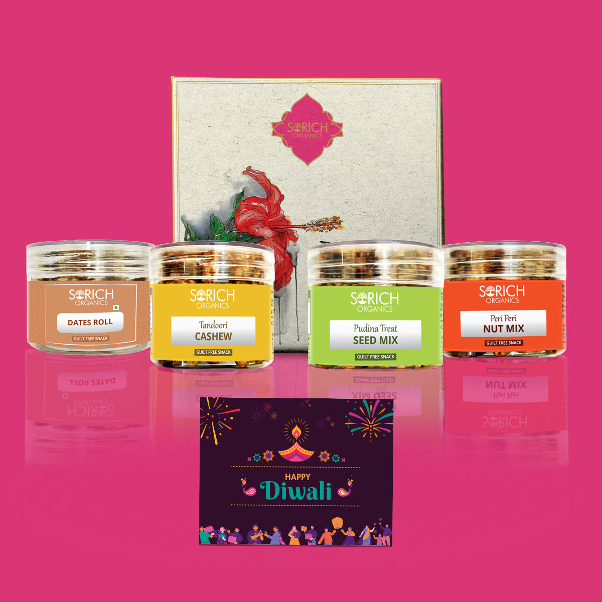 Diwali Special Imperial Gift hamper for Family and Friends | Tandoori Cashew 150g, Pudina Seeds Mix 150g,  Dates Roll 150g, Peri Peri Nut Mix 150g