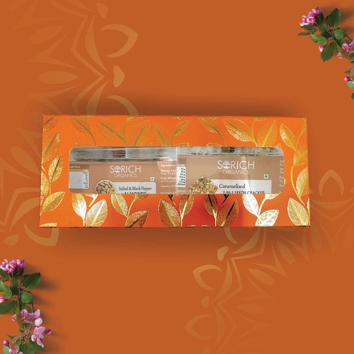 Diwali Special Orange Sparkle Box (Salted and Black Pepper Almond 150g + Caramalised cracker 100g - Sorich