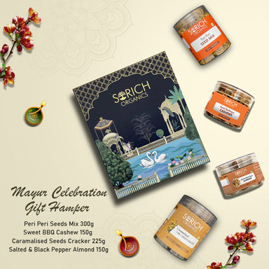 Mayur Celebration Diwali Gift Hamper for Family and Friends | Caramalised Cracker 225g, Peri Peri Seeds Mix 300g, Salted & Black Pepper Almond 150g, Sweet BBQ Cashew 150g - Sorich