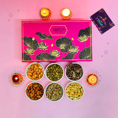 Premium Floral Diwali Gift Hamper for Family and Friends | Salted & Black Pepper Almond 150g, Dates Roll 150g, Sweet BBQ Cashew 150g, Caramelised Cracker 100g, Peri Peri Seeds Mix 150g, Pudina Pumpkin Seeds 150g - Sorich