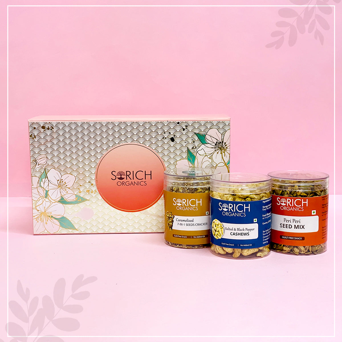 Premium Blush Diwali Gift Hamper for Family and Friends | Caramalised Cracker 225g, Salted & Black Pepper Cashew 250g, Peri Peri Seeds Mix 300g - Sorich
