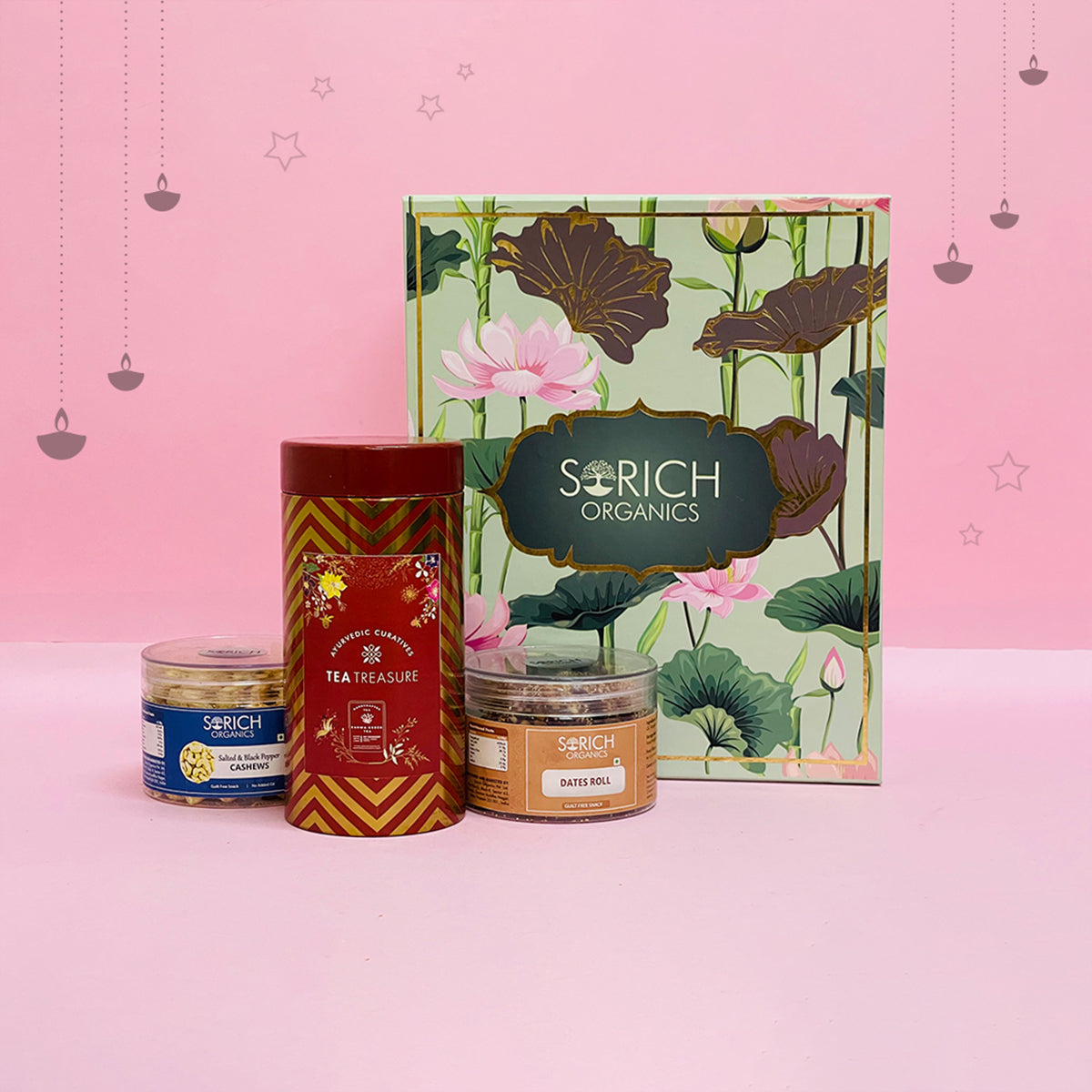Green Lotus Collection Diwali Gifts for Family and Friends | Salted & Black Pepper Cashew 150g, Dates Roll 150g, Kahwa Tea 50g - Sorich