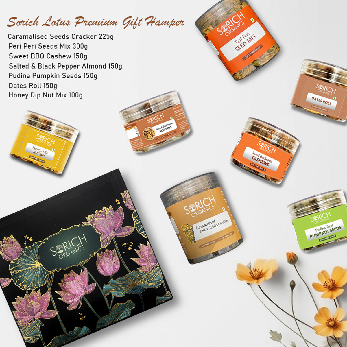 Lotus Premium Diwali Gift Hamper for Family and Friends | Caramalised Cracker 225g, Peri Peri Seeds Mix 300g, Salted & Black Pepper Almond 150g, Sweet BBQ Cashew 150g, Pudina Pumpkin Seeds 150g, Dates Roll 150g - Sorich