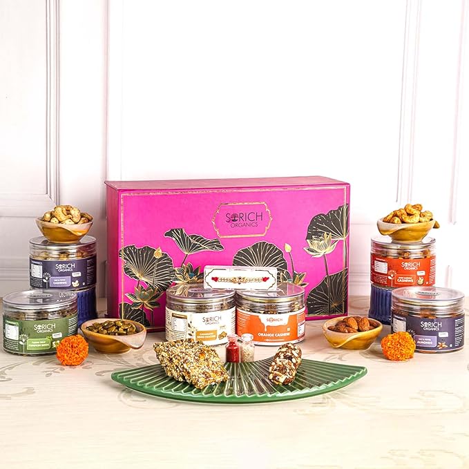 Sorich Organics Rakhi / Rakshabandhan Personal Gift Box | with Sweet Cashews Caramelized Seeds Cracker Salt & Pepper Cashews Pudina Treat Pumpkin Seeds Organge Cashew Salt Pepper Almonds 900gm | 150gm each (Pack of 6) For Rakhi Gift Hamper