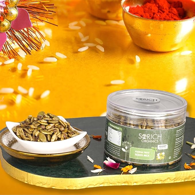 Sorich Organics Rakshabandhan Gift Hamper for Brother Rakhi Celebrations |  Caramelized Seeds Cracker & Pudina Treat Seeds Mix  300 gram |150gm each (Pack of 2) | Rakhi for Brother with Gift Combo Set - Rakhi Gift for Brother on Raksha Bandhan