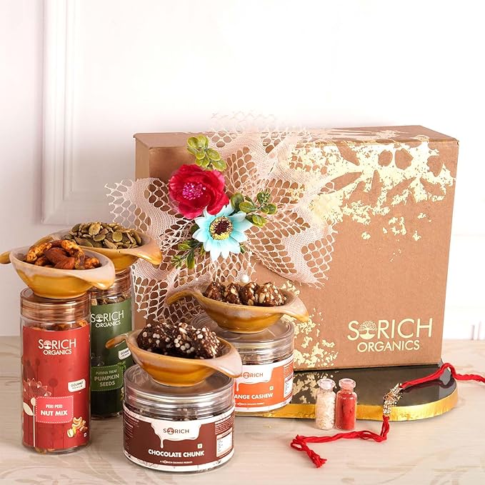 Sorich Organics Rakshabandhan Gift Hamper for Brother Rakhi Celebrations | Orange Cashew Bar , Chocolate Chunk Bar , Pudina Pumpkin Seeds & Peri Peri Nut Mix 600gm | 150gm each (Pack of 4) Rakhi Gifts for Brother | Rakhi Hamper for Rakshabandhan