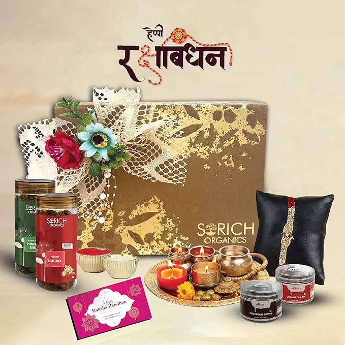 Sorich Organics Rakshabandhan Gift Hamper for Brother Rakhi Celebrations | Orange Cashew Bar , Chocolate Chunk Bar , Pudina Pumpkin Seeds & Peri Peri Nut Mix 600gm | 150gm each (Pack of 4) Rakhi Gifts for Brother | Rakhi Hamper for Rakshabandhan