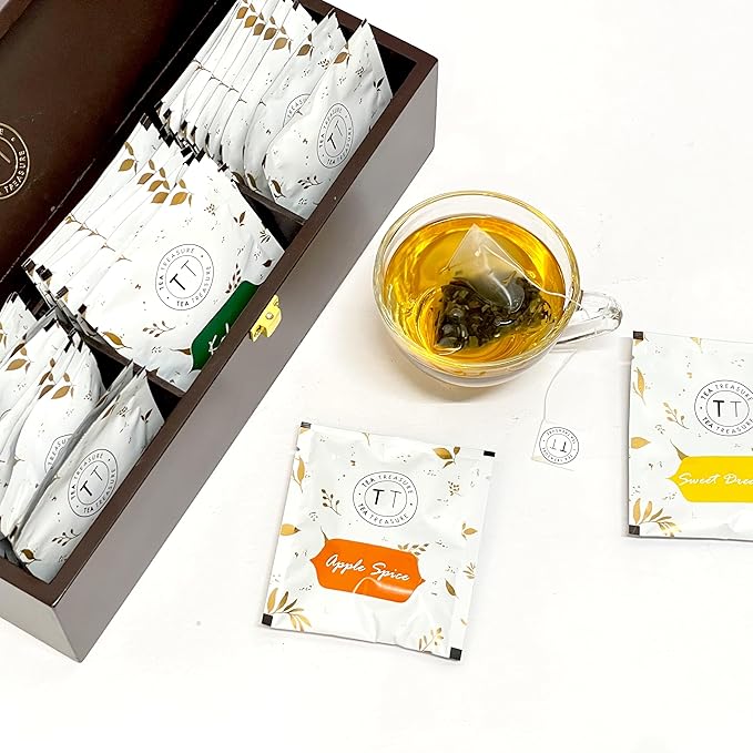 TeaTreasure Assorted Herbal & Green Tea Chest – 30 Tea Bags | Spearmint, Jasmine Green, Chamomile, Sweet Dreams, Apple Spice & Kahwa | Wellness Tea Sampler Gift Box