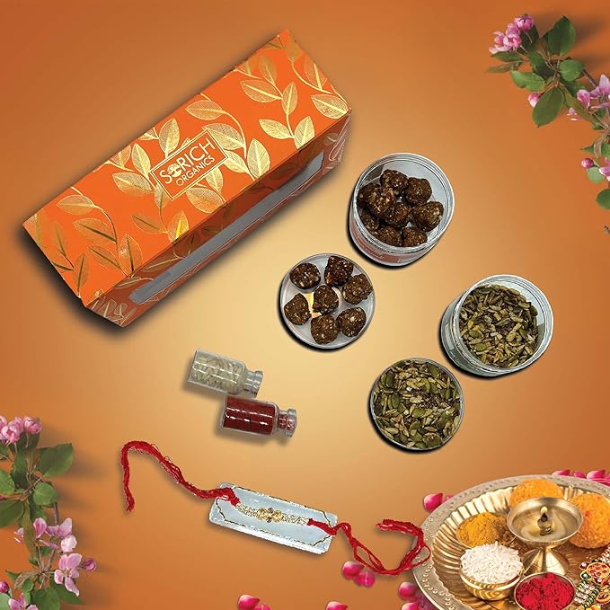 Sorich Organics Rakshabandhan Gift Hamper for Brother Rakhi Celebrations | Orange Cashew Bar & Pudina Treat Seeds Mix 300gm | 150gm each (Pack of 2) | Rakhi Gifts for Brother | Rakhi Gift Hamper