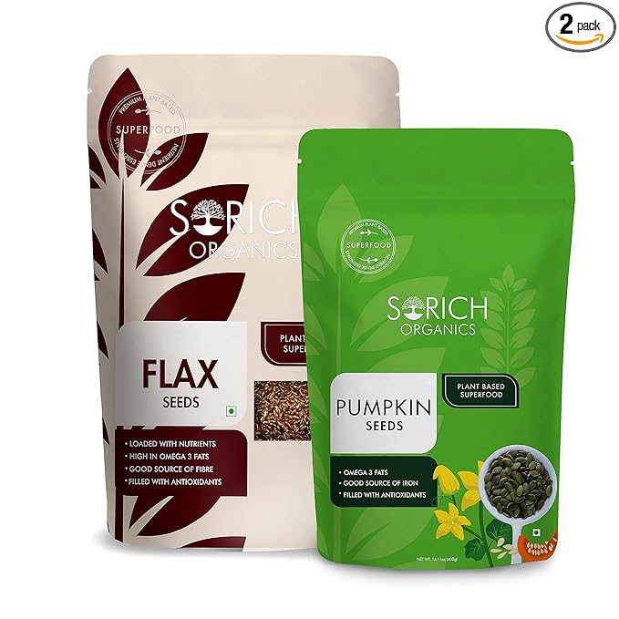Sorich Organics Raw Flax Seeds 900g & Pumpkin Seeds 400g – 1300g Superfood Combo | Rich in Protein, Iron & Fiber | Mix Seeds for Eating | Healthy Diet Food | Aids Digestion & Immunity