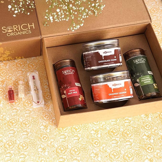 Sorich Organics Rakshabandhan Gift Hamper for Brother Rakhi Celebrations | Orange Cashew Bar , Chocolate Chunk Bar , Pudina Pumpkin Seeds & Peri Peri Nut Mix 600gm | 150gm each (Pack of 4) Rakhi Gifts for Brother | Rakhi Hamper for Rakshabandhan