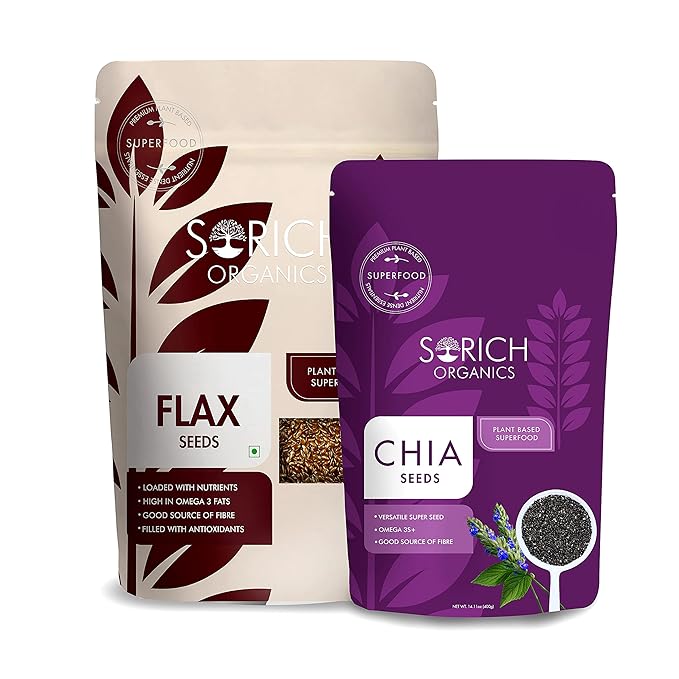 Sorich Organics Raw Chia Seeds 400gm, Flax Seeds 900gm | Chia Seeds for Eating, Flax Seeds for Hair Growth, Skin | Boosts Immunity, Metabolism (1300gm, Pack of 2)