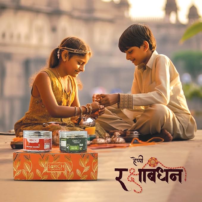 Sorich Organics Rakshabandhan Gift Hamper for Brother Rakhi Celebrations | Orange Cashew Bar & Pudina Treat Seeds Mix 300gm | 150gm each (Pack of 2) | Rakhi Gifts for Brother | Rakhi Gift Hamper