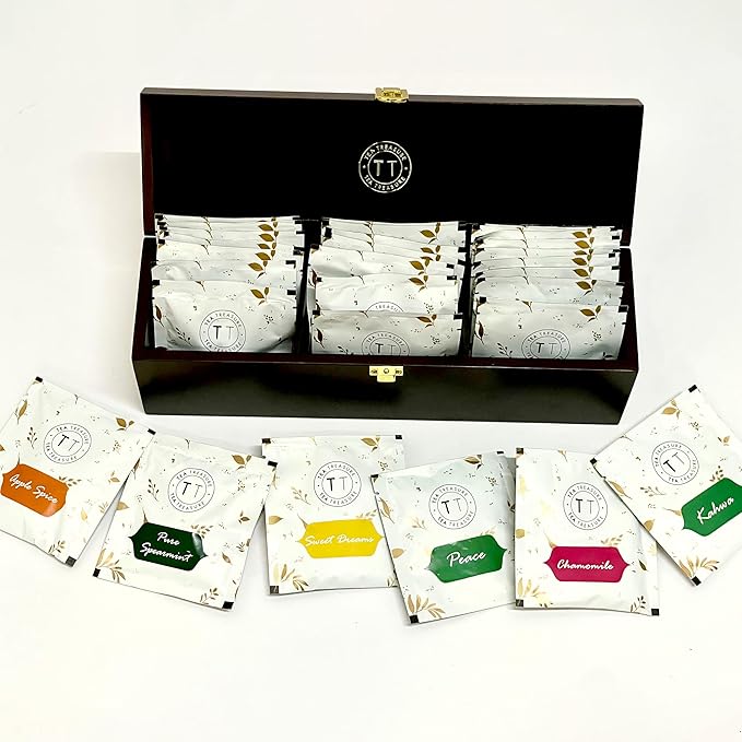 TeaTreasure Assorted Herbal & Green Tea Chest – 30 Tea Bags | Spearmint, Jasmine Green, Chamomile, Sweet Dreams, Apple Spice & Kahwa | Wellness Tea Sampler Gift Box