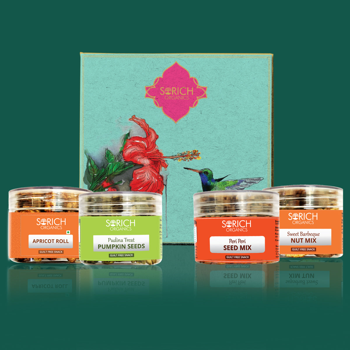 Diwali Special Festive Intense Pack for Family and Friends | Sweet BBQ Nut Mix 150g, Peri Peri Seeds Mix 150g, Pudina Pumpkin Seeds 150g, Apricot Roll 150g - Sorich