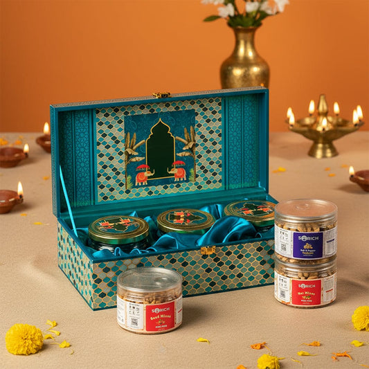 Regal Indulgence Box Peri Peri Nut Mix & Black Papper Cashew & Peri Peri Seeds mix Each 150 Gm Pack of 3 Diwali Gift Pack of 3