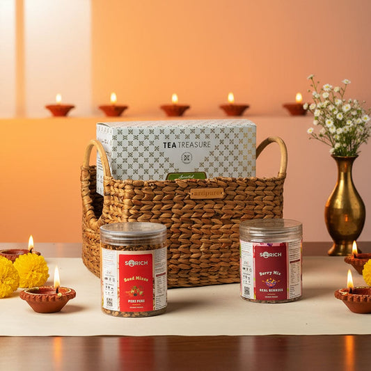 Goodness In a Basket Seeds Mix 200 gm & Berry Mix 200 gm & Assorted Tea box 25 Tea Bags with Car Perfume Pack of  3 Diwali gift hamper