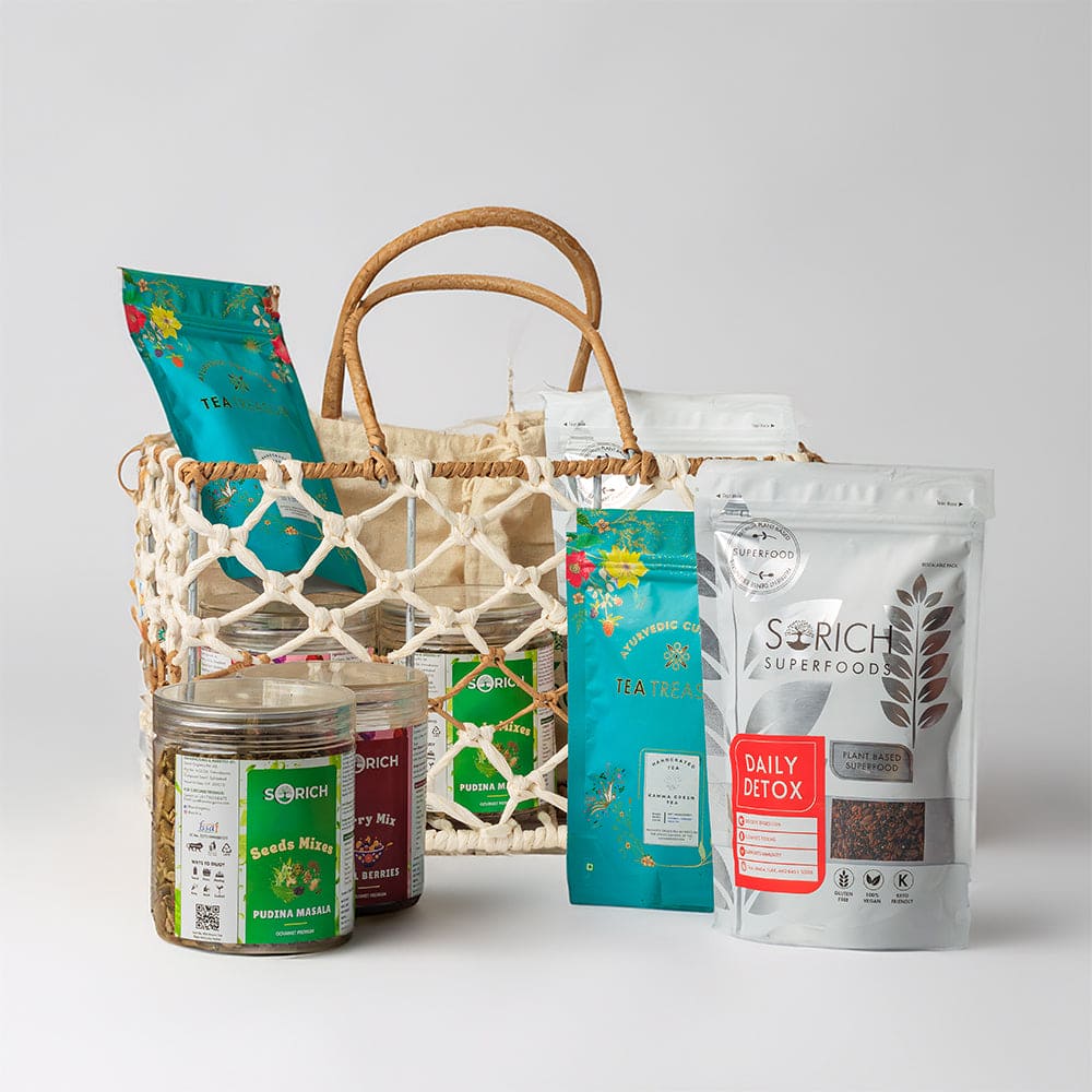 Celebration Treats Basket Thandai Mix 150 gm & Dessert Orange Cashew bites 150 gm & Millet Nuts Mix 150gm & Jaggery Seeds Bites 300 gm & Pudina Pumpkin seeds 300 gm &Moringe Delight 300 gm with car perfume Pack of 6 diwali gift hamper Pack of 6