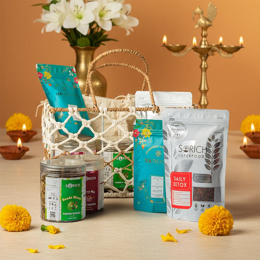 Celebration Treats Basket Thandai Mix 150 gm & Dessert Orange Cashew bites 150 gm & Millet Nuts Mix 150gm & Jaggery Seeds Bites 300 gm & Pudina Pumpkin seeds 300 gm &Moringe Delight 300 gm with car perfume Pack of 6 diwali gift hamper Pack of 6