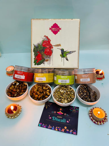 Diwali Special Imperial Gift hamper for Family and Friends | Tandoori Cashew 150g, Pudina Seeds Mix 150g, Dates Roll 150g, Peri Peri Nut Mix 150g - Sorich