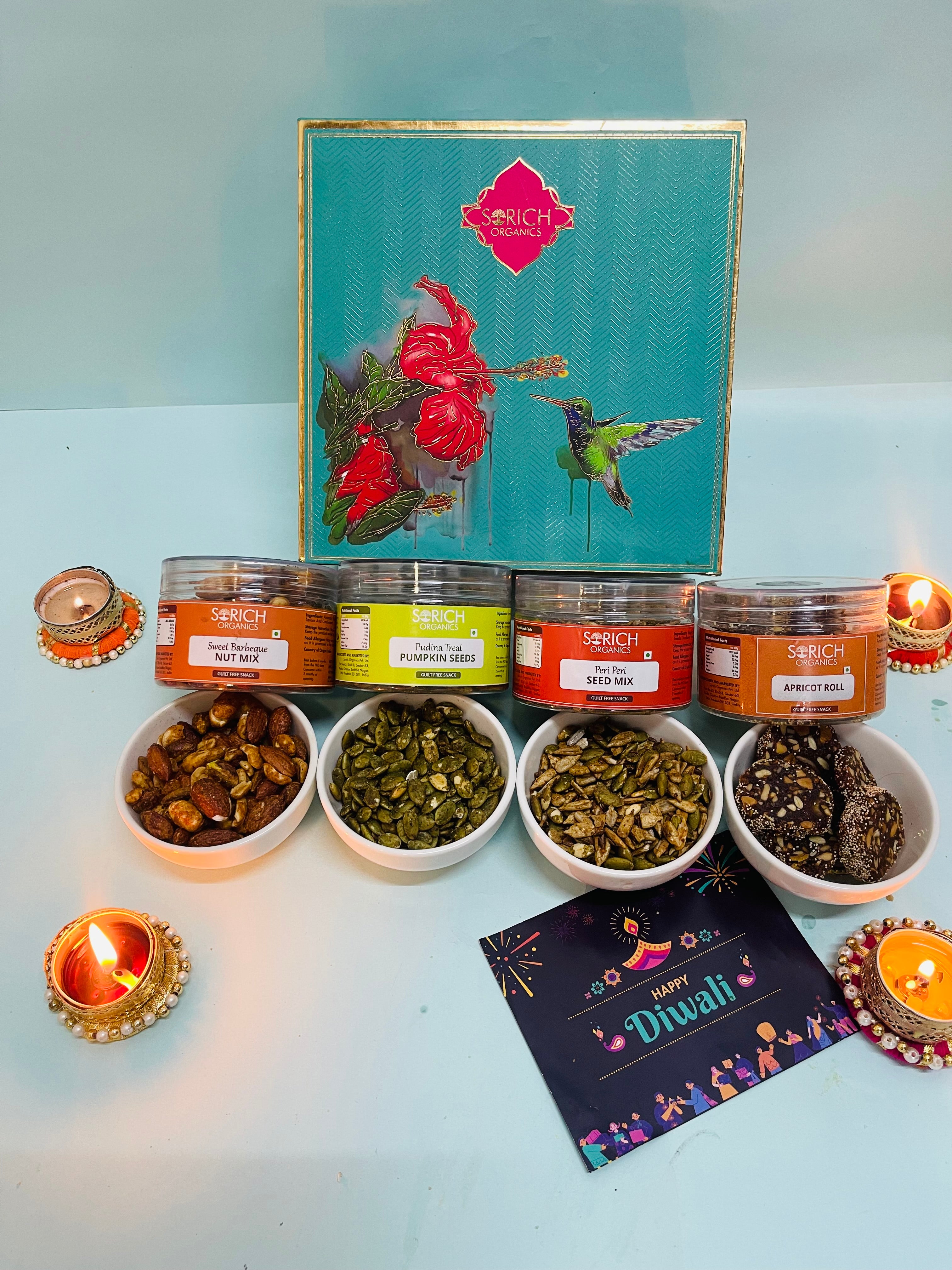Diwali Special Festive Intense Pack for Family and Friends | Sweet BBQ Nut Mix 150g, Peri Peri Seeds Mix 150g, Pudina Pumpkin Seeds 150g, Apricot Roll 150g - Sorich
