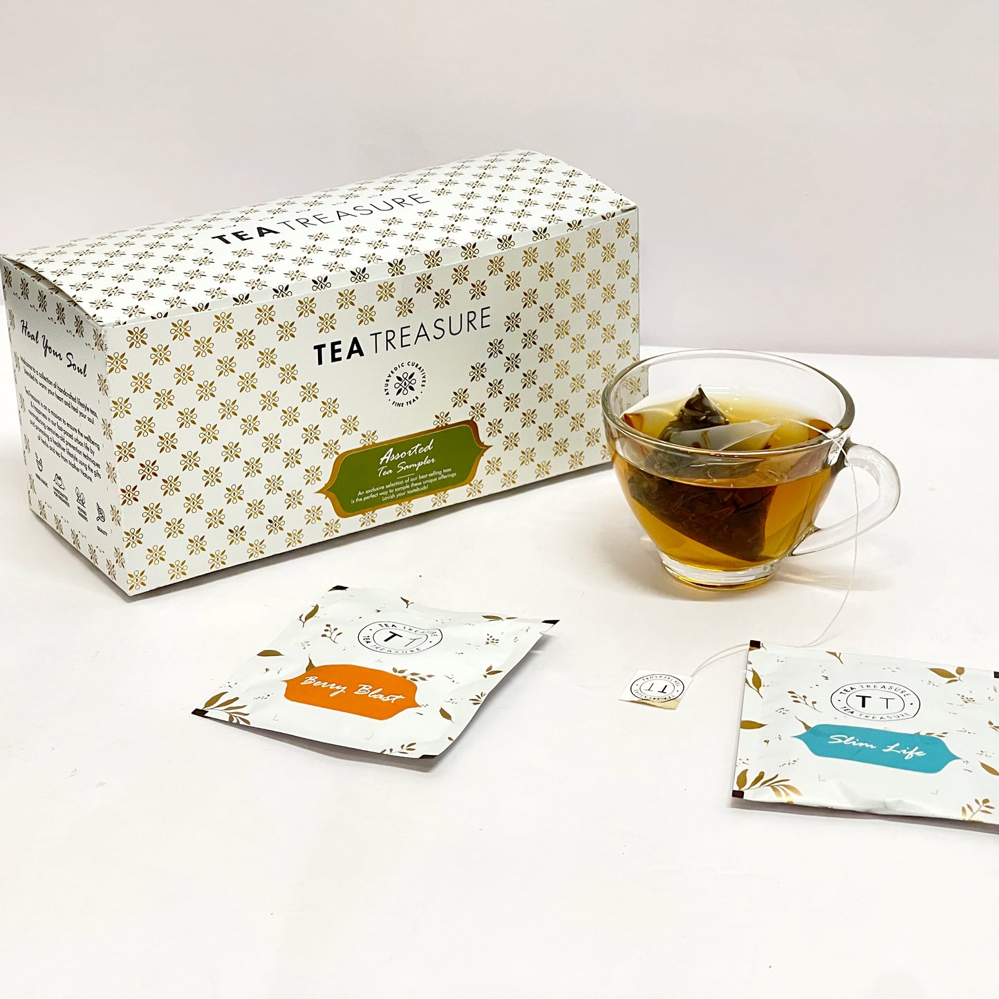 25 TB Sampler - Lemon Tulsi + Kashmiri Kahwa + Slim Life + Immunity Booster + Sweet Dreams + Spearmint Green + Spearmint Herbal + 28 Day Detox + Apple spice + Berry Blast + Hibiscus green + Supermint Tea (Each 2 teas) + Jasmine Green Tea - Sorich
