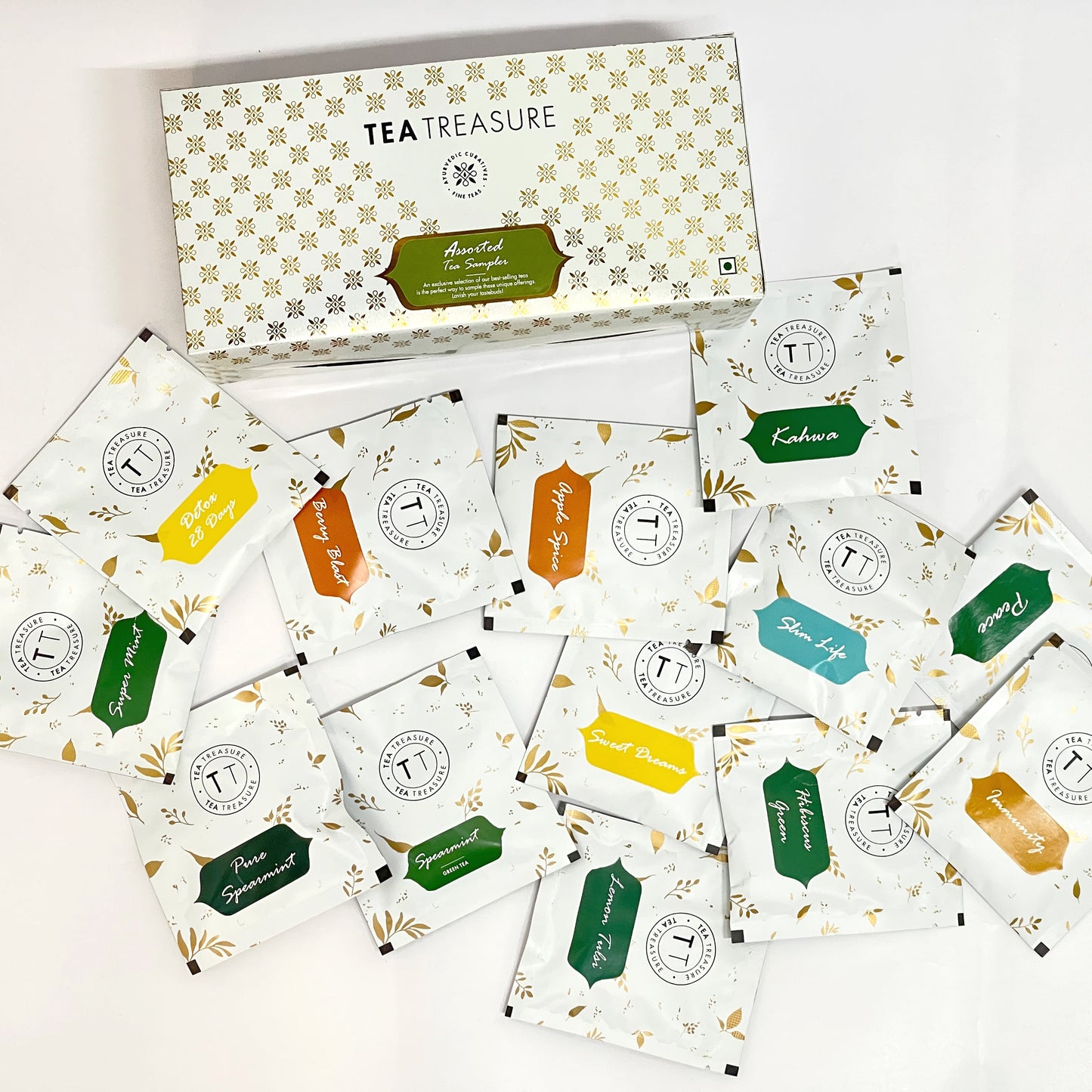 25 TB Sampler - Lemon Tulsi + Kashmiri Kahwa + Slim Life + Immunity Booster + Sweet Dreams + Spearmint Green + Spearmint Herbal + 28 Day Detox + Apple spice + Berry Blast + Hibiscus green + Supermint Tea (Each 2 teas) + Jasmine Green Tea - Sorich