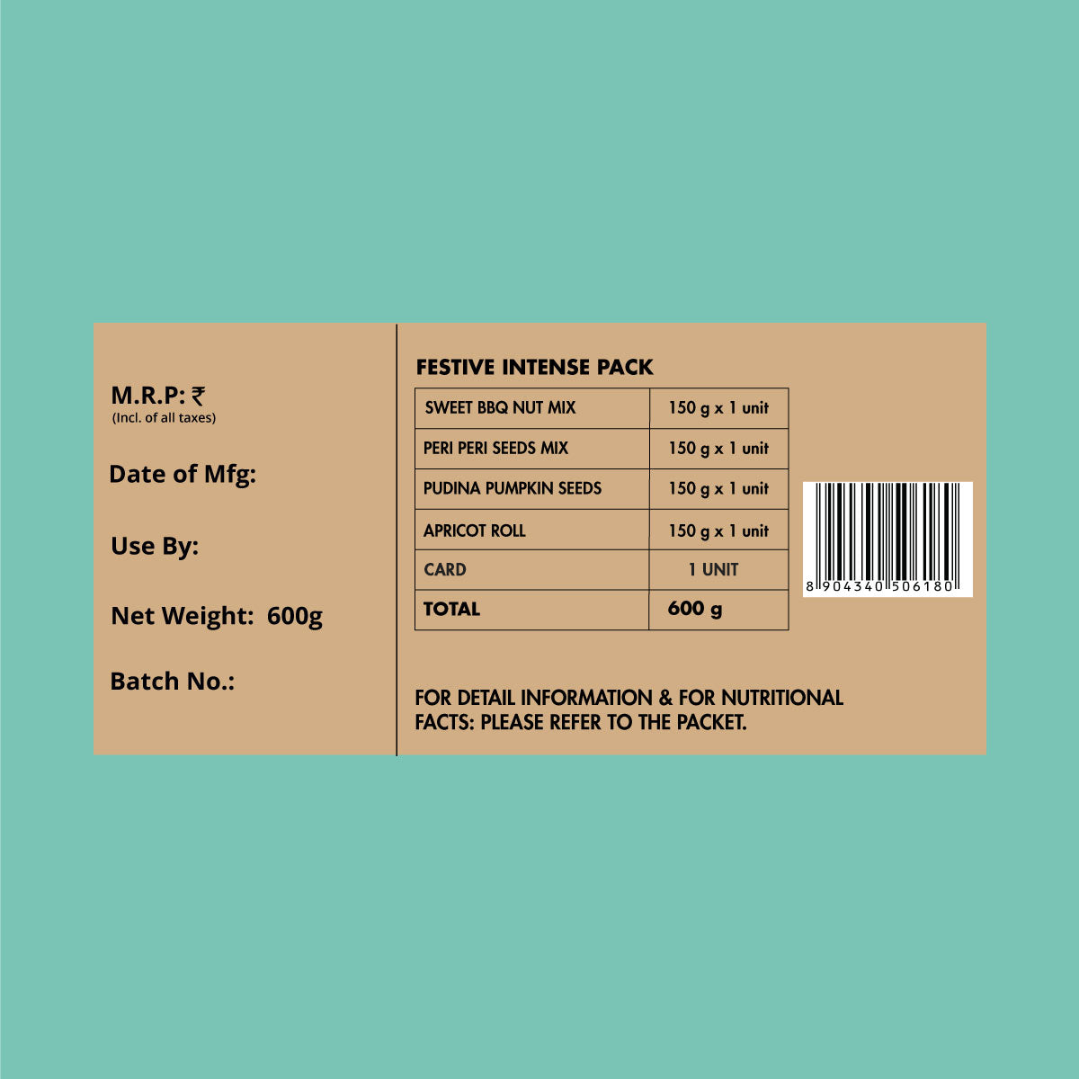 Diwali Special Festive Intense Pack for Family and Friends | Sweet BBQ Nut Mix 150g, Peri Peri Seeds Mix 150g, Pudina Pumpkin Seeds 150g, Apricot Roll 150g - Sorich