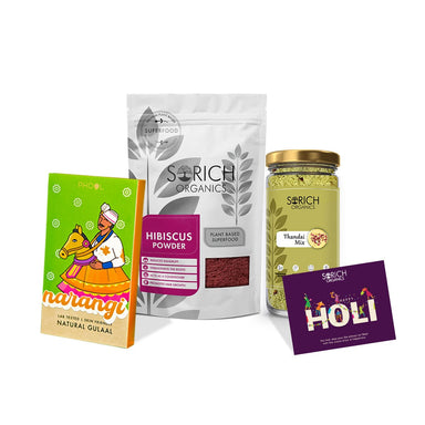 Holi Special Combos - Hibiscus Powder 50g +Thandai Milk 125g+ phool Gulal 100g + Holi card - Sorich