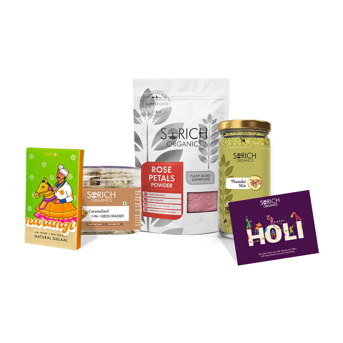 Holi Special Combos - Rose powder 50g+ Caramalised Cracker 100g +Thandai Milk 125g+ Phool gulal 100g + Holi card - Sorich