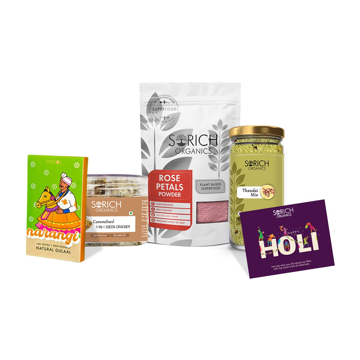 Holi Special Combos - Rose powder 50g+ Caramalised Cracker 100g +Thandai Milk 125g+ Phool gulal 100g + Holi card