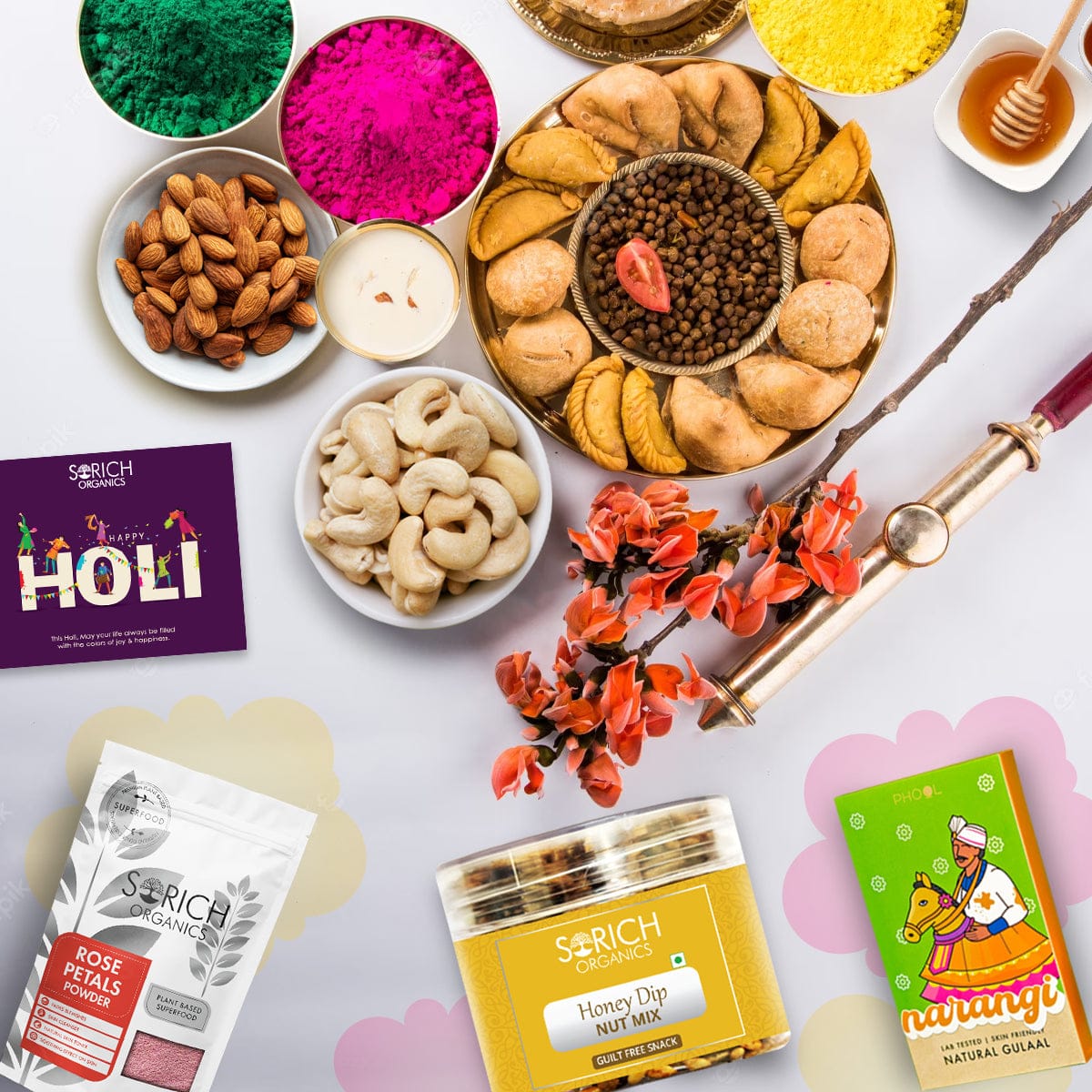 Holi Special Combos - Rose powder 50g + Honey Dipped Nuts 250g + Phool Gulal 100g + Holi card