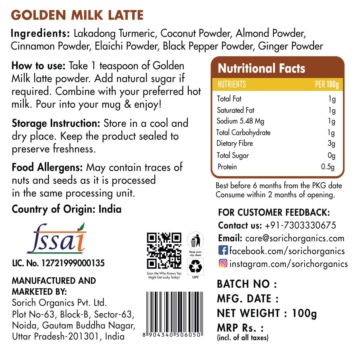 golden milk latte nutrition facts
